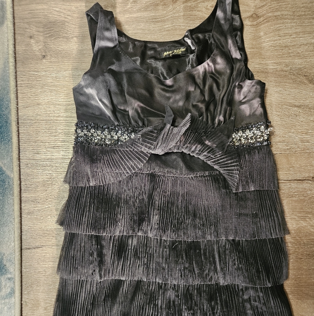 Betsey Johnson Black Satin Dress with Tiered Pleats